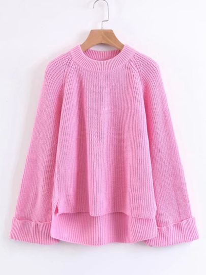 High Low Raglan Sleeve Cuffed Sweater