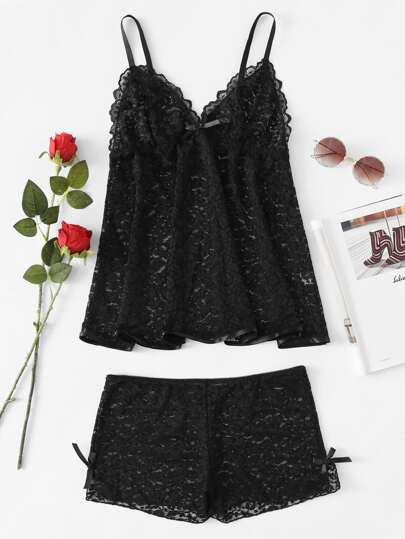 Bow Side Lace Top And Shorts Pajama Set