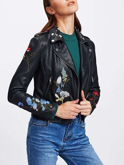 Blouson brodé botanique en PU