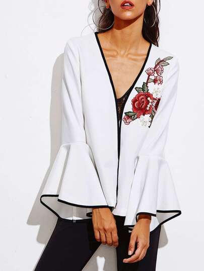 Pearl Embellishing Rose Patch Fluted Sleeve Ringer Blazer