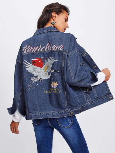 Drop Shoulder Embroidered Denim Jacket