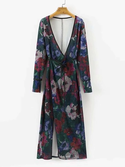 Kimono floral de terciopelo con cinturón