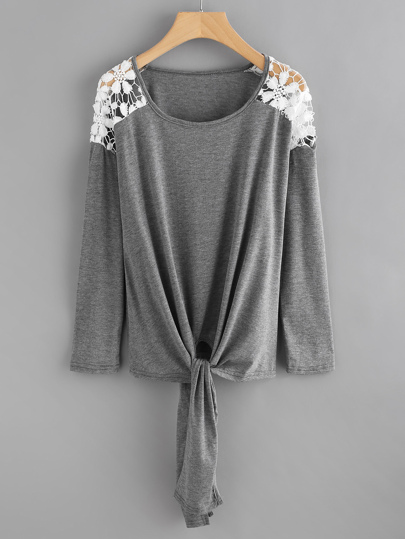 Contrast Crochet Knot Front Marled Tee