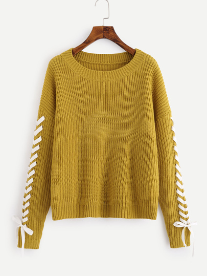 Drop Shoulder Lace Up Sleeve Jumper