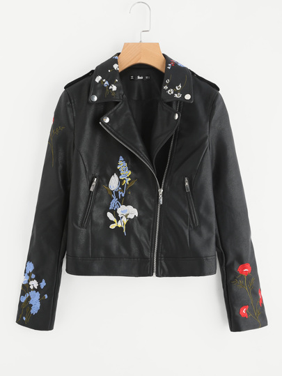 Blouson brodé botanique en PU