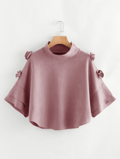 3D Flower Embellished Tiered Cuff Suede Cape Coat