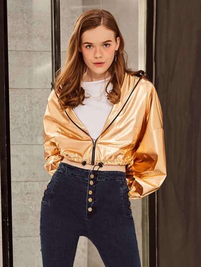Hooded Drawstring Hem Jacket