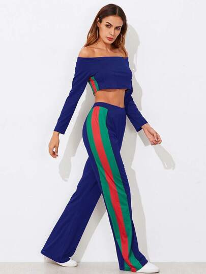 Bardot Crop Tee With Stripe Side Wide Pants