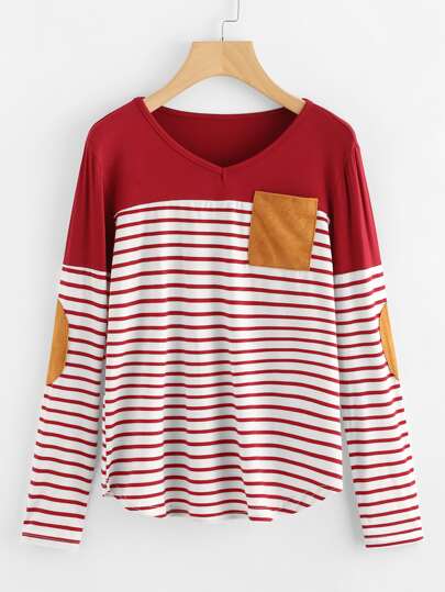 Color Block Elbow Patch Curved Hem T-shirt