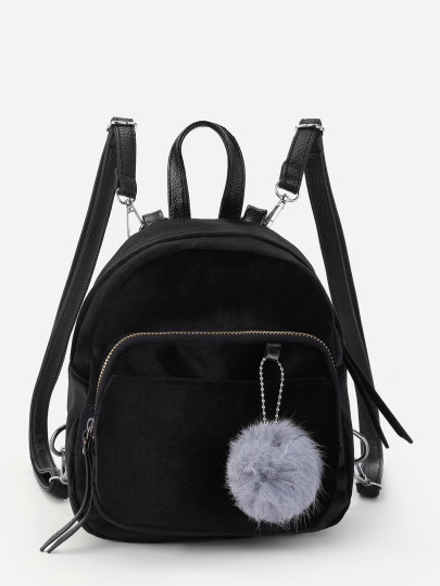 Mochila de terciopelo con adorno de pompón
