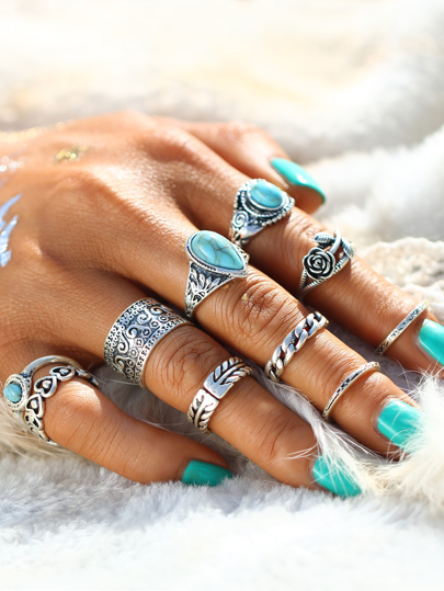 Boho Stone Ring Set 10pcs