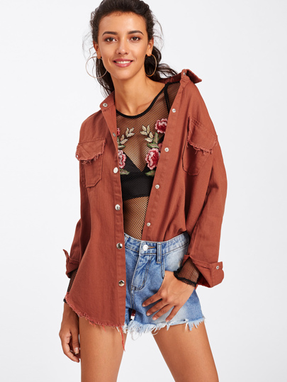 Rust Frayed Curved Hem Jacket