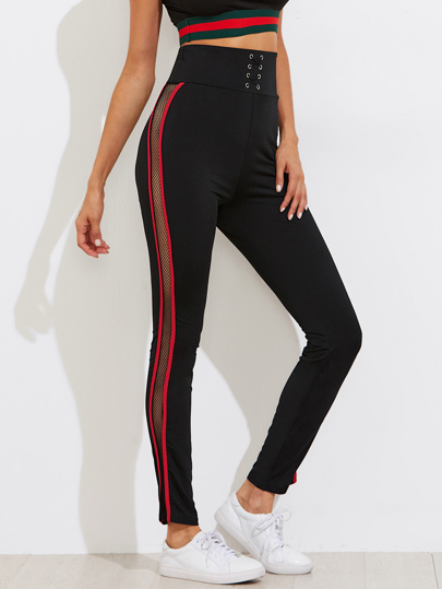 Eyelet Lace Up Waist Side Fishnet Panel Leggings
