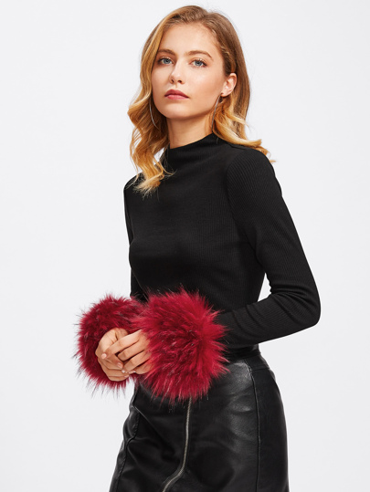 Contrast Faux Fur Cuff Ribbed Tee