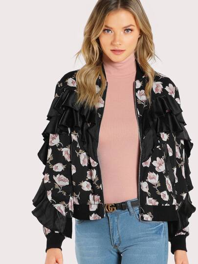 Blouson floral avec garniture à volants