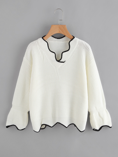 Chevron Hem Ringer Texture Knit Sweater