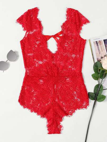Eyelash Lace Trim Plunge Teddy