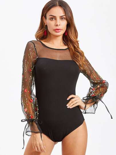 Mesh Yoke And Embroidery Sleeve Tied Cuff Bodysuit