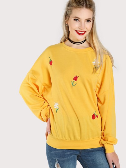 Sweat-shirt brodé fleur avec la chute de l'épaule