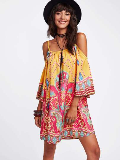 Mixed Print Kimono Sleeve Dress