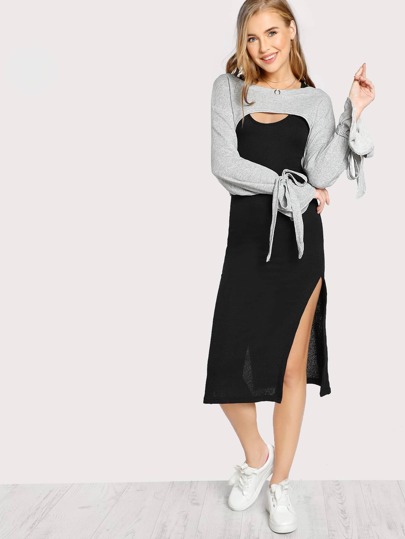 High Crop Long Sleeve Tie Sleeve Overlay Dress GREY