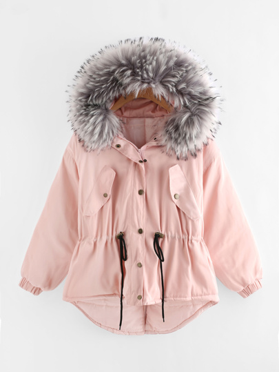 Faux Fur Hood Drawstring Waist Dip Hem Coat