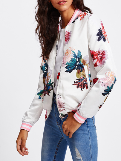 Cazadora bomber floral con ribete de rayas