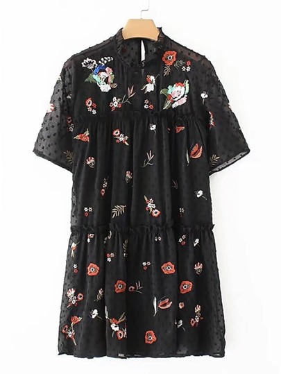 Textured Dot Flower Embroidery Dress
