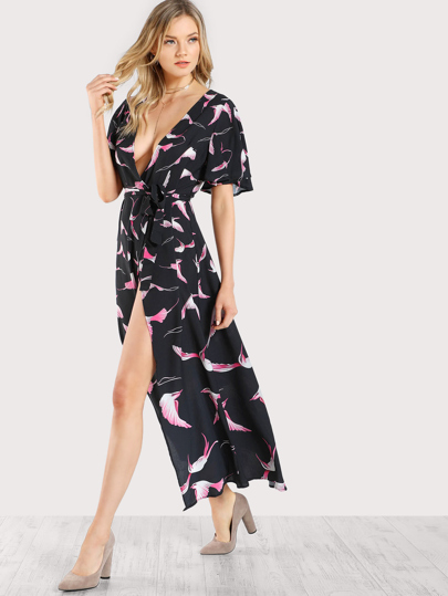 Robe oblique imprimé oiseau avec manche flûte