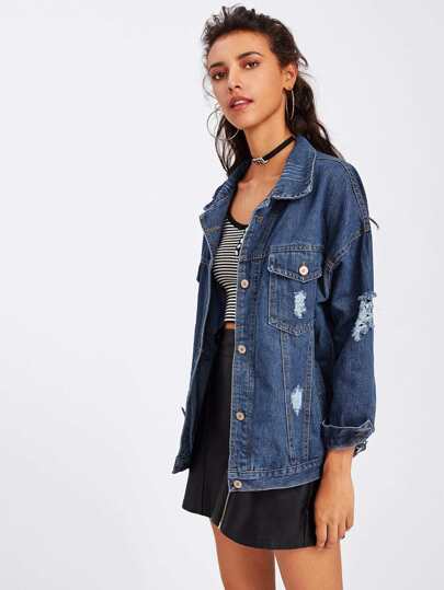 Ripped Drop Shoulder Denim Jacket