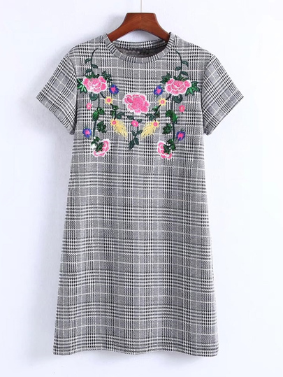 Flower Embroidery Plaid Dress