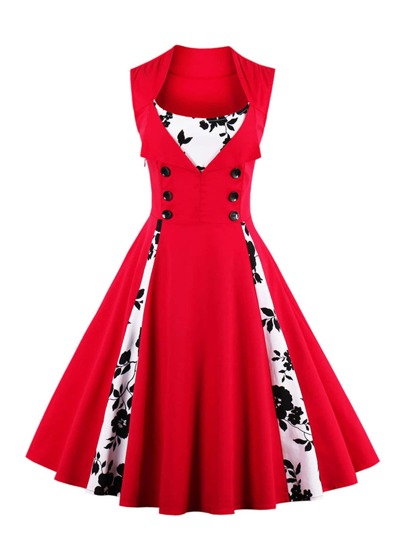 Contrast Panel Double Breasted Circle Dress