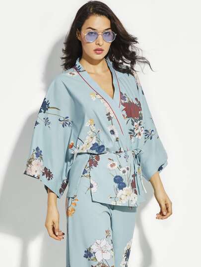 Floral Print Side Split Self Tie Waist Kimono