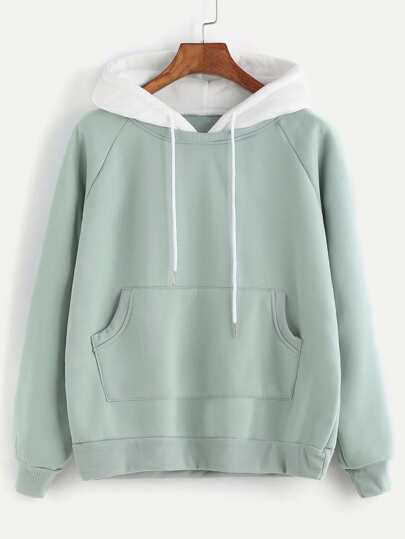 Felpa in Pile Verde Raglan manica con tasca a contrasto