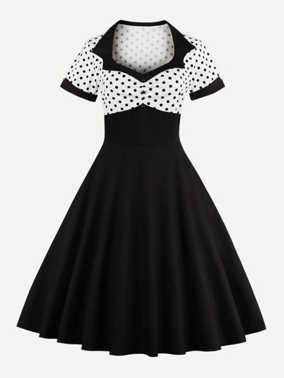 Contrast Polka Dot Print Flare Dress