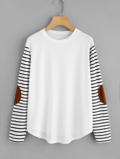 Elbow Patch Striped Sleeve T-shirt