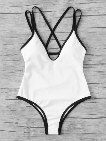 Contrast Trim Cut Out Back Swimsuit