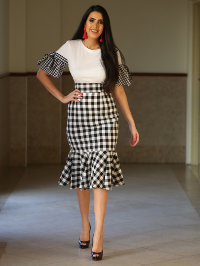 Checkered Fishtail Hem Skirt