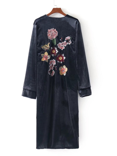 Flower Embroidery Velvet Longline Kimono