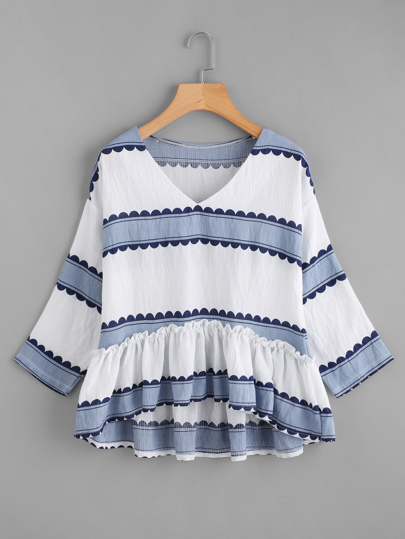 V Neckline Striped Frill Dip Hem Blouse