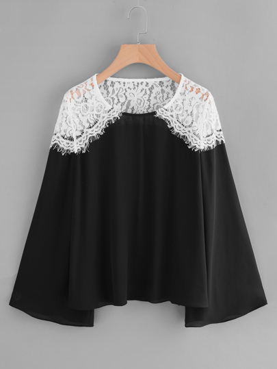 Lace Crochet Contrast Bell Sleeve Blouse