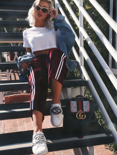 Striped Tape Side Velvet Wide Leg Pants