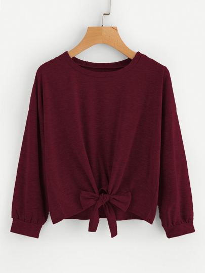 Drop Shoulder Knot Front Marled Sweatshirt