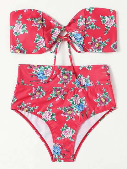 Calico Print Bandeau Bikini Set