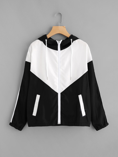 Two Tone Striped Side Hooded Jacket