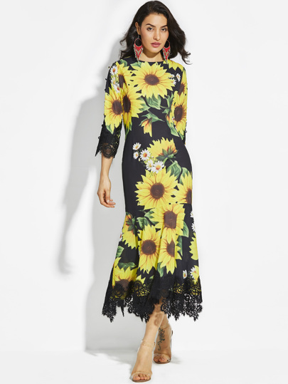 Sunflower Print Random Lace Hem Maxi Dress