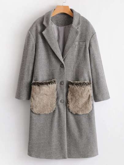 Faux Fur Embellished Pocket Wool Blend Coat