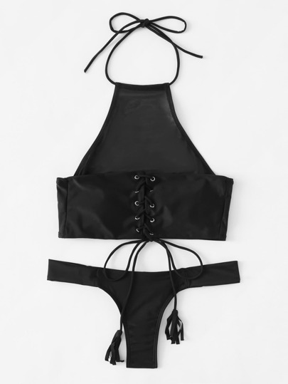 Lace Up Back Tassel Detail Bikini Set