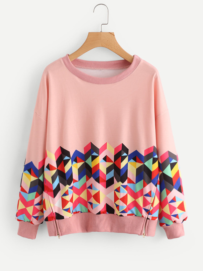 Geo Print Zipper Side Drop Shoulder Sweatshirt