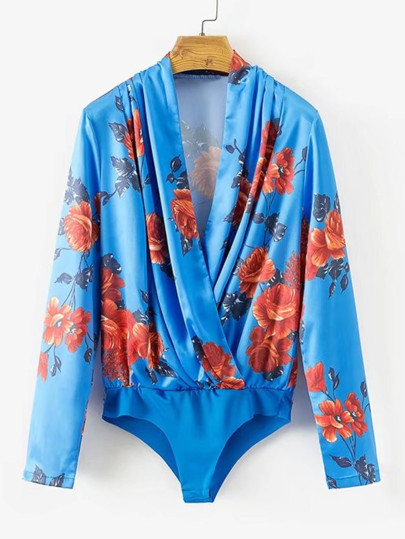 Surplice Neckline Florals Blouse Bodysuit